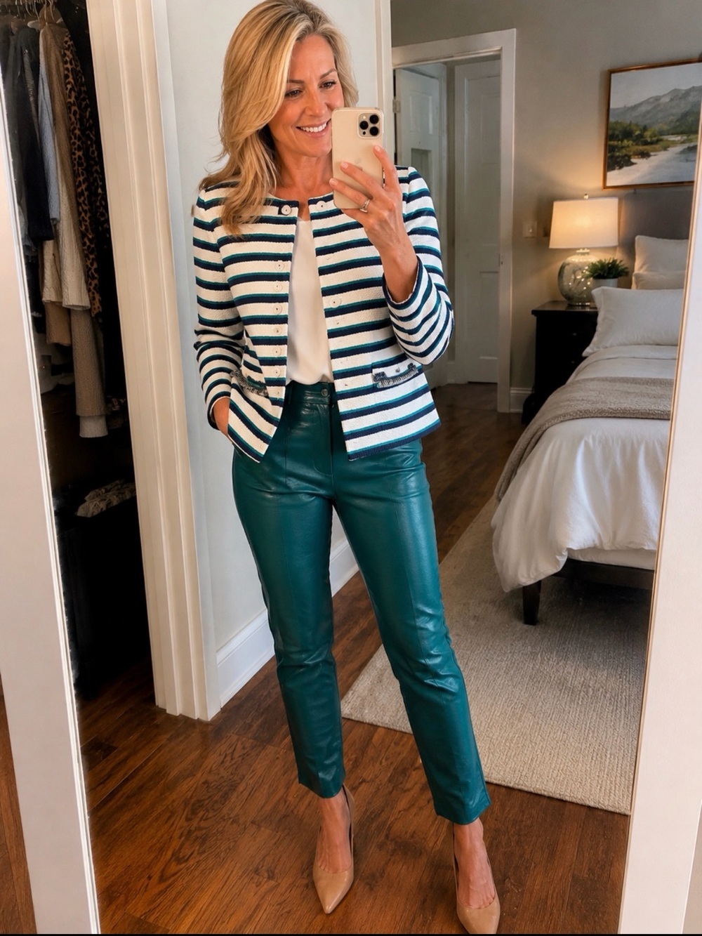 Talbots Cream, Teal & Navy Striped Cropped Jacket